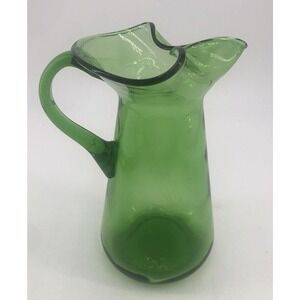 Glass Pitcher Mid Century Hand Blown Emerald Green Pinched Spout Ice Lip MCM VTG